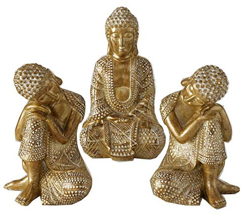 CasaJame Buddha Statue Set, Meditation Statue, 3er Set Goldene Buddha Figur aus Kunstharz, Sitzende Buddha Deko für Wohnzimmer, Asiatische Dekoration