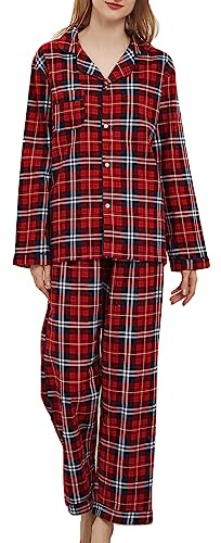 CHUNG Women Brushed Cotton Pyjamas Set Long Sleeve Button Down Tops Pants Flannel Sleepwear Lounge Cozy Warm Winter Plus Size (XL, Red Tartan)