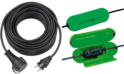 Brennenstuhl Qualitäts-Gummi-Verlängerungskabel 10m (IP44, Kabel für außen) schwarz & Safe-Box/Schutzbox für Verlängerungskabel (Schutzkapsel für Kabel, für die Verwendung im Innenbereich) grün