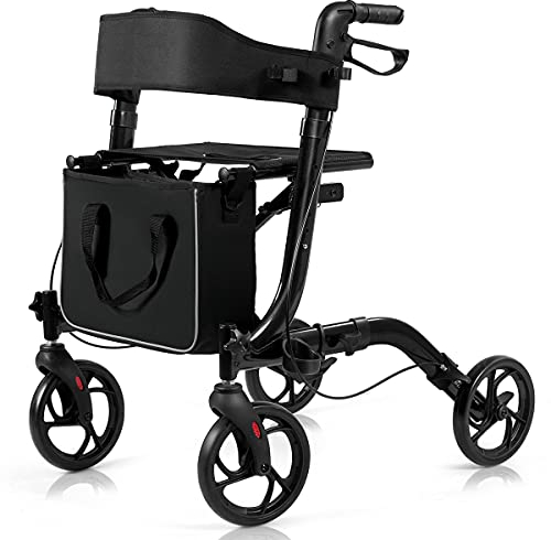COSTWAY Folding Rollator, 4 Wheels Mobility Walker with Seat, Break, Adjustable Handle, Cane Holder and Detachable Storage Bag, Lightweight Walking Aid for Elderly Handicapped (Black)