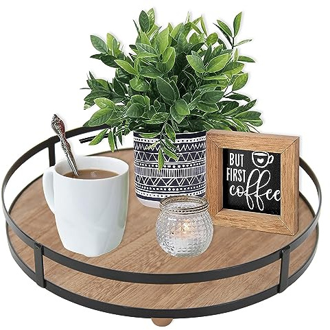 Defined Deco 12in Decorative Tray-Round Serving Tray with Metal Handle-Decorative Trays for Home Decor,Living Room Decor,Coffee Table Decor,Rustic Wooden Tray for Kitchen Table Decor,Dining Table.