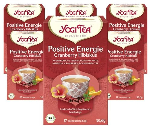 Yogi Tea Positive Energie Cranberry Hibiskus, 6x17 Beutel (102 Teebeutel) | Ayurvedischer Bio Gewürz- und Kräutertee, Mischung aus Mate, Hibiskus, Cranberry, Schwarztee