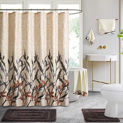 WPM Bathroom Rugs, Shower Curtain and Towel Combo Set. Chocolate Brown Color Leaf Print Bath Set (Reeds Chocolate)