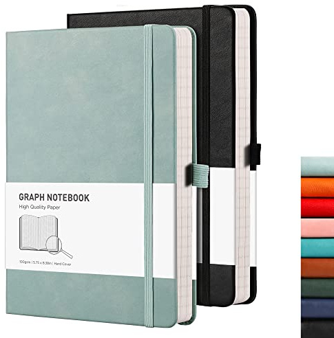 RETTACY Kariertes Notizbuch A5, 384 Seiten, kariert, 100 g/m², Stifthalter, Innentasche, für Büro, Schule, Arbeit, Damen, Herren, Arbeit, 14,5 x 21 cm, Schwarz, Grau, Blau, 2 Stück
