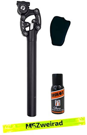 Suntour Federsattelstütze SP12/25-NCX Durchmesser 27,2mm/30,9mm/31,6mm, Länge 400mm,Gewicht 65-95kg, 95-120kg Parallelogramm inklusive Brunox Deo und MSZweirad Reflexband (65-95 kg, 30,9 mm)