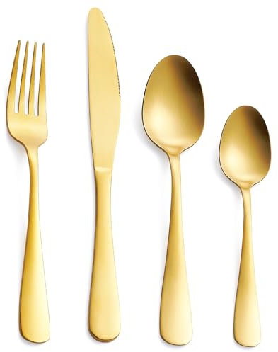 GoGeiLi 24-teiliges Besteckset, Edelstahl Matt Gold Besteck-Set, beinhaltet Löffel, Gabeln und Messer, Service für 6 Personen, spülmaschinenfest