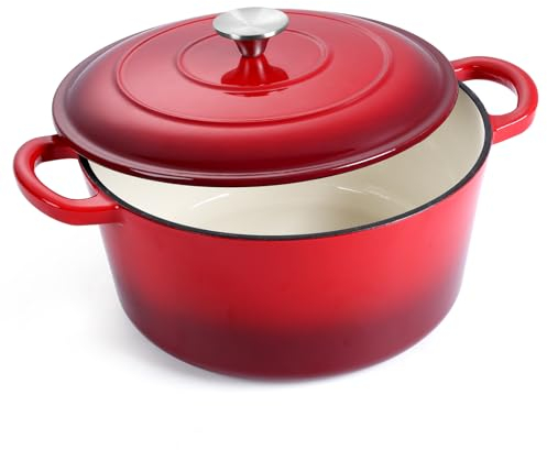 E-far Enameled Cast Iron Dutch Oven with Lid, 6 Quart Round Dutch Oven Pot Nonstick Cookware for Braising, Stews, Roasting, Bread Baking, Cooking, Heavy Duty, Induction & Oven Safe - Red