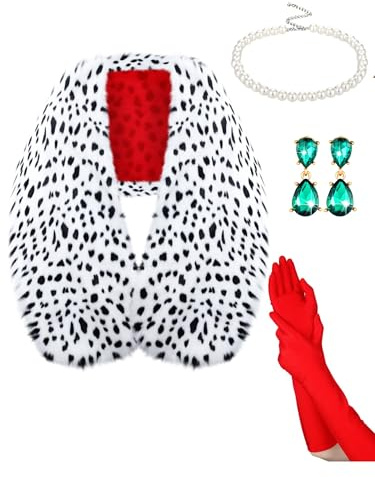 Shinymoon 6 Stücke Halloween Kostüm Frauen Dalmatiner Schal mit 1920er Jahren Handschuhe Spitze Fingerlose Handschuhe Imitation Perle Halskette Vintage Tropfen Baumeln Ohrringe und Halter für