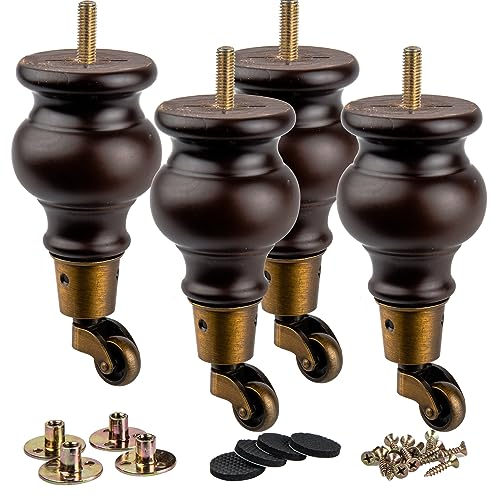 La Vane 14cm Holz Möbelfüße mit Lenkrollen, 4 Stück Massivholz Spindel DIY Ersatz Möbelbeine mit Rollen & M8 Montageplatten & Schrauben für Sofa Schrank Sessel Ottomane Liegestuhl