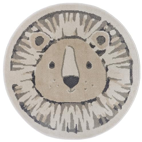 Hanse Home Adventures Alfombra Infantil Redonda, diseño de Leones, diseño de Animales, para habitación de niños, Sala de Juegos, habitación Juvenil, salón, Color Crema Gris, 100 cm