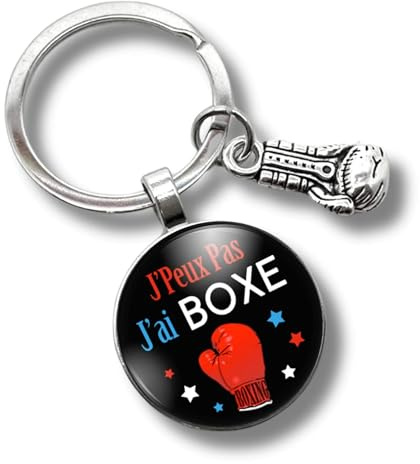 Porte-clés boxe « J'peux pas, j'ai boxe» avec cabochon et breloque gant de boxe – cadeau pour boxer - création