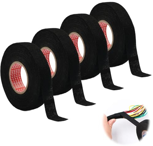 4 Pezzi Nastro in Tessuto per Auto, 19 mm x 15 m Nastro Isolante Nero, Nastro Isolante in Tessuto, Nastro Adesivo Nastro Isolante Nero per Auto, Nastro Isolante, per Auto e Cablaggi, Elettricisti