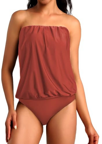Chenghe Dam Bandeau Blouson Tankini topp hög midja måttlig botten tvådelade baddräkter baddräkter, Rost, XXL