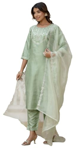 VredeVogel Set Kurta da donna in misto seta ricamato con pantaloni e Dupatta, pista, S