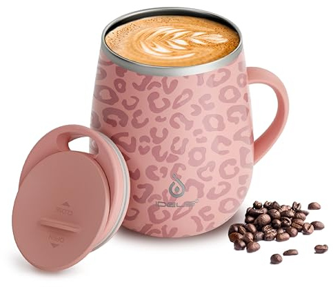 Ideus 460ml Insulated Coffee Mug with Lid and Handle (Leopard Pink) | Double wall stainless steel; thermal cup; keeps drinks hot or cold; ideal for home office travel