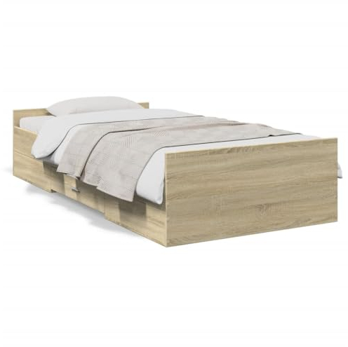 SECOLI Bett mit 2 Schubladen 90x190 - Modernes Holzwerkstoff Bett mit Stauraum - Sonoma Eiche