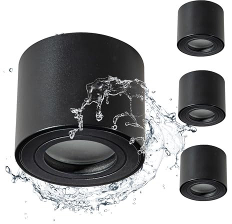 Gleonlux Spot en Saillie IP44, Plafonnier Salle de bain, Spot LED en Saillie Plafond 230V Imperméable, Ø80x65mm aluminium Rond Noir downlight pour Modules LED, Lot de 4