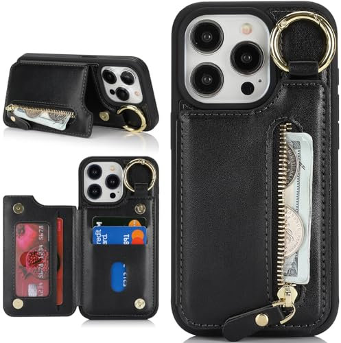 Zouzt Case for iPhone 13 Pro Max and 12 Pro Max 6.7 Inch, Wallet Case with Credit Card Holder Slot, Premium PU Leather Key Ring Zipper Shockproof Protective Phone Cover for Men Women - Black