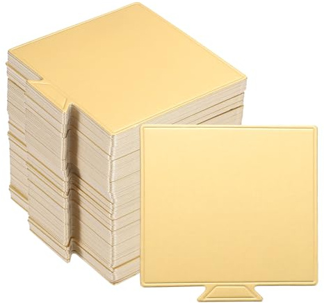 sourcing map 100pcs Mini Cake Boards, Mousse Cake Cardboards Square Cake Bases Plates Cupcake Dessert Displays Base Tray for Cakes, Pastries, Dessert Base - Grease Proof (Gold)