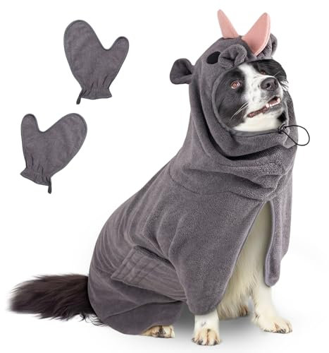 Hundebademantel Schnelltrocknend Badetuch aus Mikrofaser, Bibykivn Einstellbar Hundehandtuch, Saugfähiger Hunde Bademantel mit Hut für Große Mittlere Hunde (Grau Rosa, M)