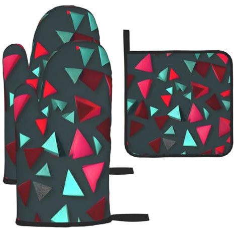 Set di 3 guanti da cucina antiscivolo con motivo triangolare per cucina e barbecue all'aperto