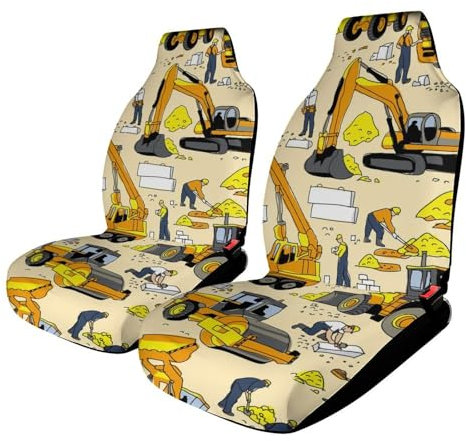 KWQDOZF 2er-Pack Autositzbezüge, Stoff-Vordersitzbezüge mit gelbem LKW-Bagger, strapazierfähige Schalensitzbezüge, waschbarer Autositzschutz für Autos, LKWs und SUVs