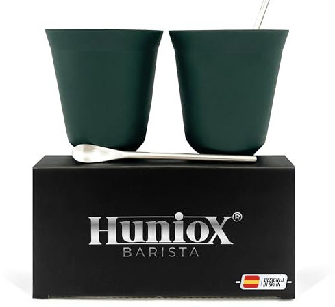 Huniox® 2 X 250 Ml - Tazas De Cafe - Tazas De Te - Cafe Con Leche Cups - Vaso Para Te Matcha - Vasos Irrompibles - Incluye 2 Cucharillas De Diseño (Emerald, 250 Ml)