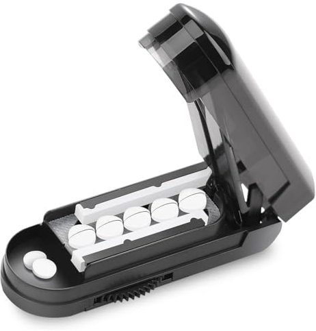 Dzmuero Taglia Pastiglie, Taglia Pillole di Precisione, Trita Pastiglie con Scomparti di Stoccaggio e Protezione per Lama, Portatile Taglia Pillole per Pillole Piccole, per Uso Quotidiano (nero)