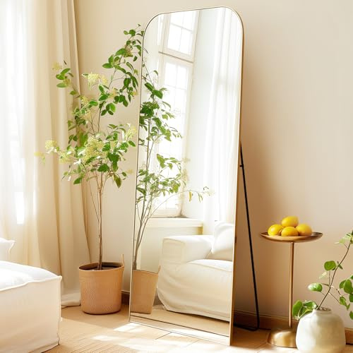 LunaMirror Gewölbter Bodenspiegel 161 x 52 cm Standspiegel Ganzkörper mit Gold Aluminiumrahmen Aufhängen oder Anlehnen Wandspiegel für Schlafzimmer, Wohnzimmer