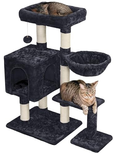 Yaheetech Cat Tree, 96cm Cat Tower with Large Perch, 6 Scratching Posts and Cozy Condo for Indoor Cats, Pet Activity Centre for Large Kitten, Black