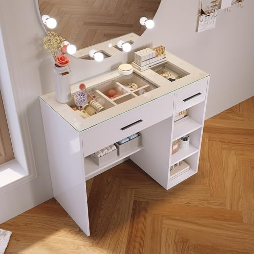 SONNI Schminktisch mit Glasplatte, 2 Schubladen, Weiß, 90x40x77cm | Mit 3 Ablagefächer, Multifunktional als Frisiertisch, Kosmetiktisch, Schreibtisch, Computertisch, Bürotisch, Arbeitstisch