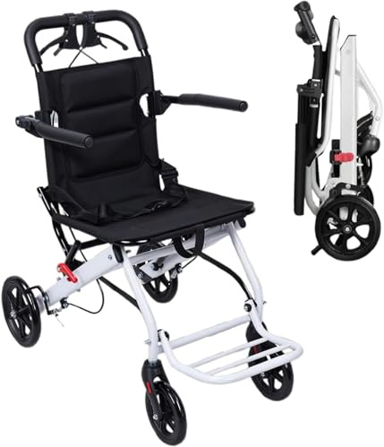Rollstuhl, leichter faltbarer Transportrollstuhl für Erwachsene, 8,2 kg Karbonstahllegierung, Reiserollstühle mit Sicherheitsgurten, 360°-PU-Rädern und ergonomischer Handbremse, 90 kg Kapazität