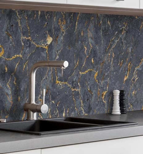 MyMaxxi Küchenrückwand selbstklebend - Matte, versteifte Spritzschutz Folie als günstige Alternative zu Glas, einfache Montage & leichte Reinigung - 60 cm hoch - Motiv: Marmor schwarz 80 x 60 cm