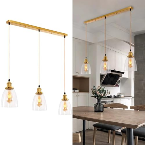 Fynokst Industrial Retro Loft 3-Wege-Pendelleuchte, 2m Verstellbare Länge Glockenglas-Lampenschirm mit E27 Lampenfassung, Pendelleuchte Deckenlampe Vintage Hängeleuchte für Küche Keller Gold
