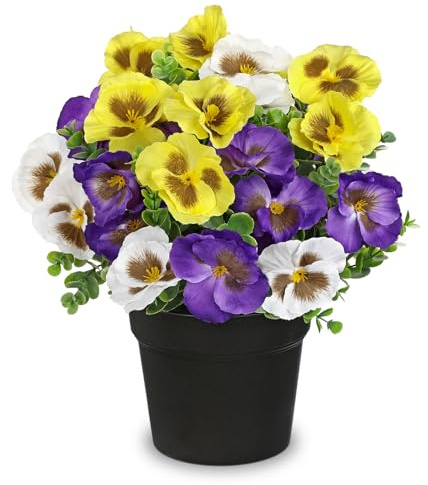 Briful Artificial Potted Pansy Flowers, 13.7’’ Yellow Purple White Faux Pansies in Black Pot, UV-Resistant Fake Flowers for Indoor Outdoor Home Decor, Spring Summer Table Centerpiece, Porch Patio