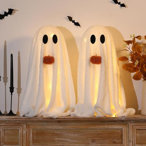 Halloween Geist Deko, 2er Set Halloween Deko Geister mit LED Licht, 52cm Stehender Geister Deko, Weiß Plüsch Geister Deko Batteriebetrieben für Helloween Dekoration Innen, Party Deko (A)
