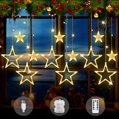 Aluusy Weihnachtsbeleuchtung Fenster Sterne, 3.5m Lichtervorhang Fenster Weihnachten Batteriebetriebe/USB mit Timer, IP44, 8 Modi Lichterketten Vorhang Sterne für Innen Weihnachten Dekoration Balkon