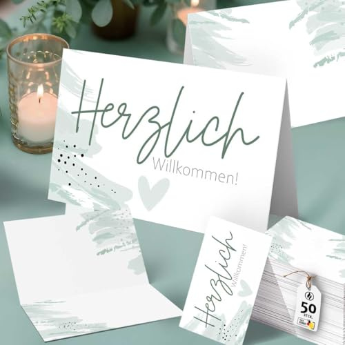 50x Tischkarten Herzlich Willkommen Mintgrün - Modernes Aquarell Design, personalisierbar, blanko - Platzkarten Hochzeit, Events, Gäste - Art Mood Kollektion