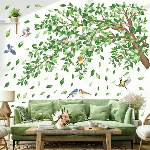 decalmile Stickers Muraux Grand Branche de Arbre Verts Autocollant Mural Feuilles Plantes Verts Oiseaux Décoration Murale Salon Chambre à Coucher Bureau Mur TV