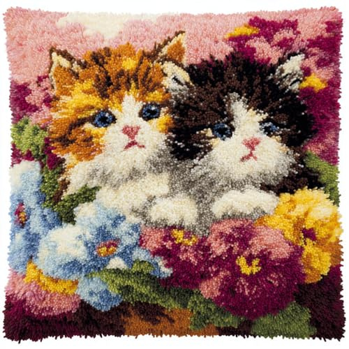 Taxpy Knüpfkissen Diy Set, Tiere, Katzen und Blumen Knüpfkissen-Set, 43x43cm, Knüpfen Kunsthandwerk Kissen, Knüpfkissen Diy, Stickerei Knüpf-Sets, Kissen Knüpfen Set