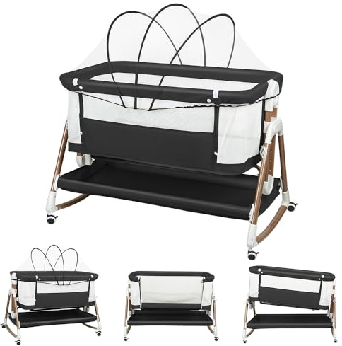 homewell 2 in 1 Beistellbett Baby & Babywiege, Faltbar, 6 Fach Höhenverstellung und Neigungsverstellung, Seiten aus Netz, für Zuhause und Unterwegs (Schwarz)
