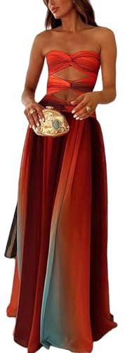 FeMereina Vestido largo de tubo sin tirantes para mujer con diseño de tie-dye, frente con torsión, abertura y pliegues, elegante vestido de malla con gradiente, beige, S