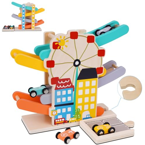 FCSONU Wooden Toddlers Toys | Car Ramps Toys 1-3 | Kid Race Track Truck Toy | 4 Race Track Set|Learning Montessori Toys for 1 Year Old Boy Girl, Baby Toys|Kids Toy, Easter Christmas Birthday Gift Present