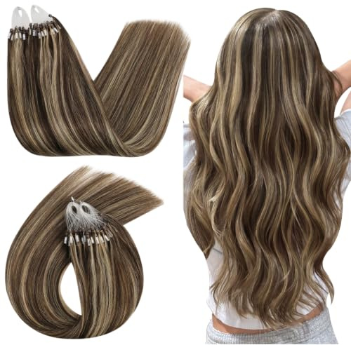 Ugeat Microring Extensions Echthaar Dunkelbraun 40 cm 50G 50S #P4/27 | Remy Micro Ring Extensions Echthaar, Highlights Dunkelbraun mit Karamellblond, seidig glatt, für mehr Fülle