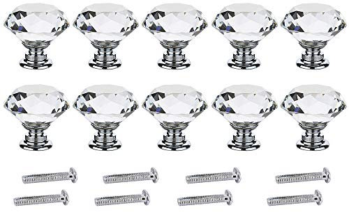 Clear Crystal Glass Cabinet Door Knobs 30mm Diamond Shape Pull Handle with Screw for Kitchen Drawer Wardrobe Cupboard (Clear, 10pcs)