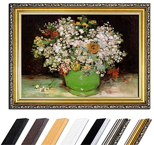 Bilderdepot24 Bild mit Rahmen - Vincent van Gogh Vase mit Zinnias und anderen Blumen 50x40 cm - Gerahmtes Leinwandbild Alte Meister - Antiker Rahmen Gold Barock, Klassisch