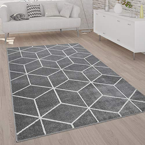Paco Home Teppich Wohnzimmer Kurzflor Moderner Skandinavischer Stil Rauten Muster Grau Weiß, Grösse:60x100 cm, Farbe:Grau