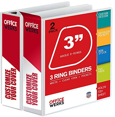 3 Ring Binder, 2 Pack of 3 Inch D Ring Binders, 8.5 x 11 Presentation Folder View Binder with Pockets, Durable Non-Stick Customizable Clear View Cover for Documents, Files, Projects (White)