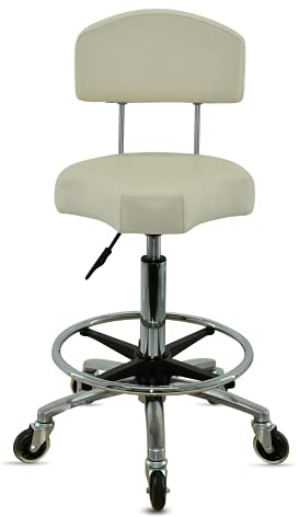 VAKON SALON - Ergonomischer Rollhocker mit Lehne und Fußring in Weiß - Höhenverstellbar von 55-75 cm - Drehhocker Arbeitshocker Praxishocker