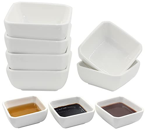 YBCPACK Square Ceramic Dipping Bowls, 5oz, Set of 6 - Durable and Long-lasting, Small Soy Sauce Dish Perfect for Dips, Snacks, Tapas, and Nibbles